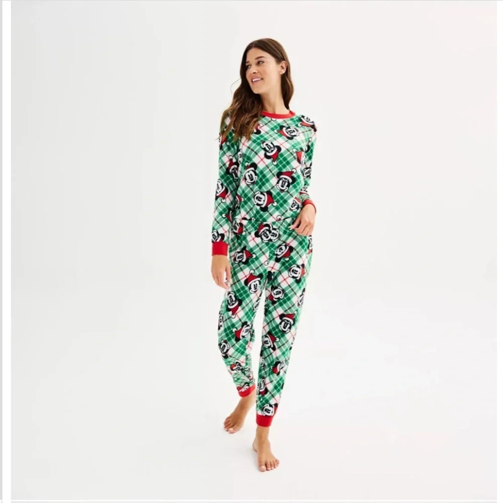 Disney Christmas Mickey & Minnie Mouse Fleece Pajama Set Green Red Plaid Comfy - Picture 2 of 9